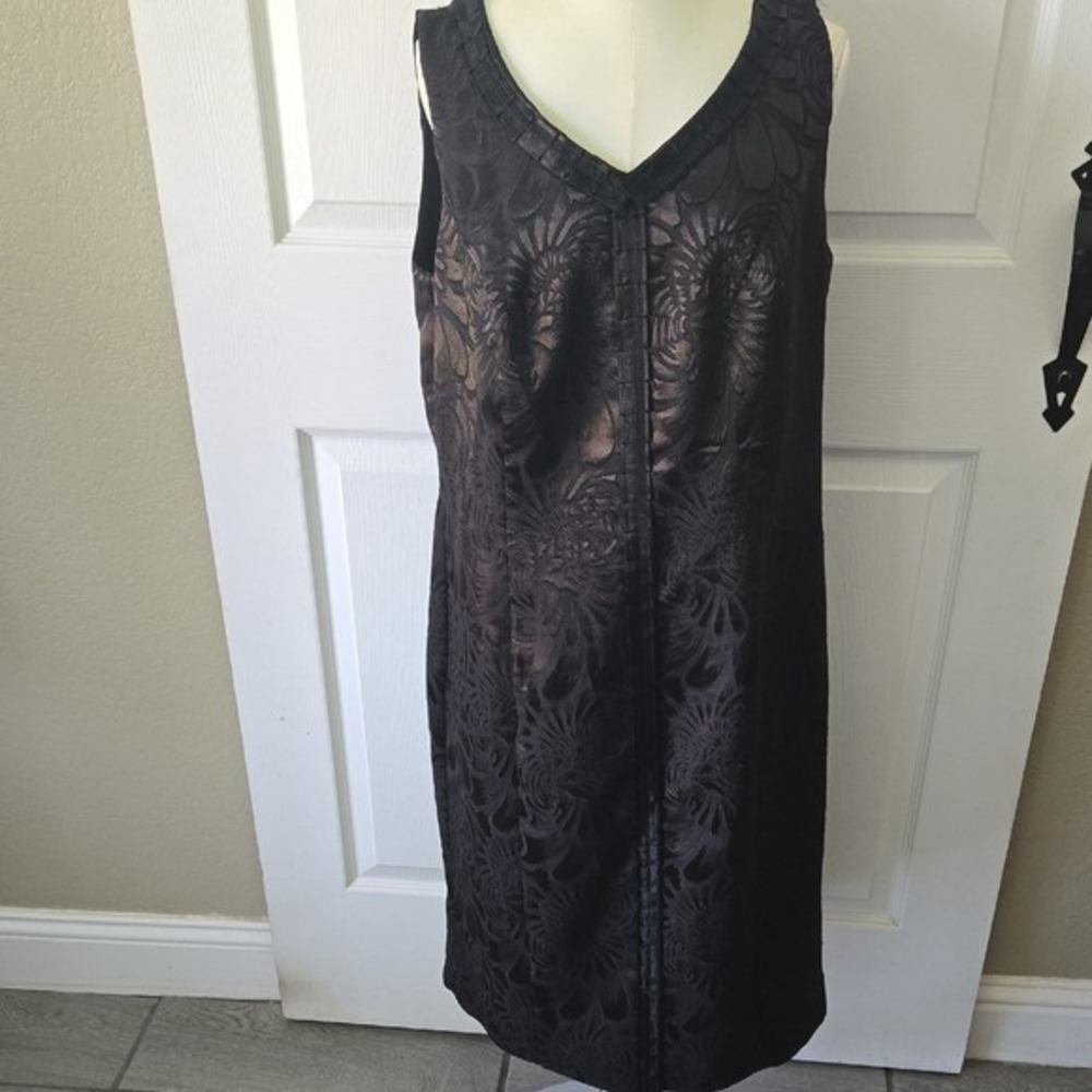 Carmen Marc Valvo Brown Black Floral Burnout Sheath Dress 16W Sleeveless V-Neck